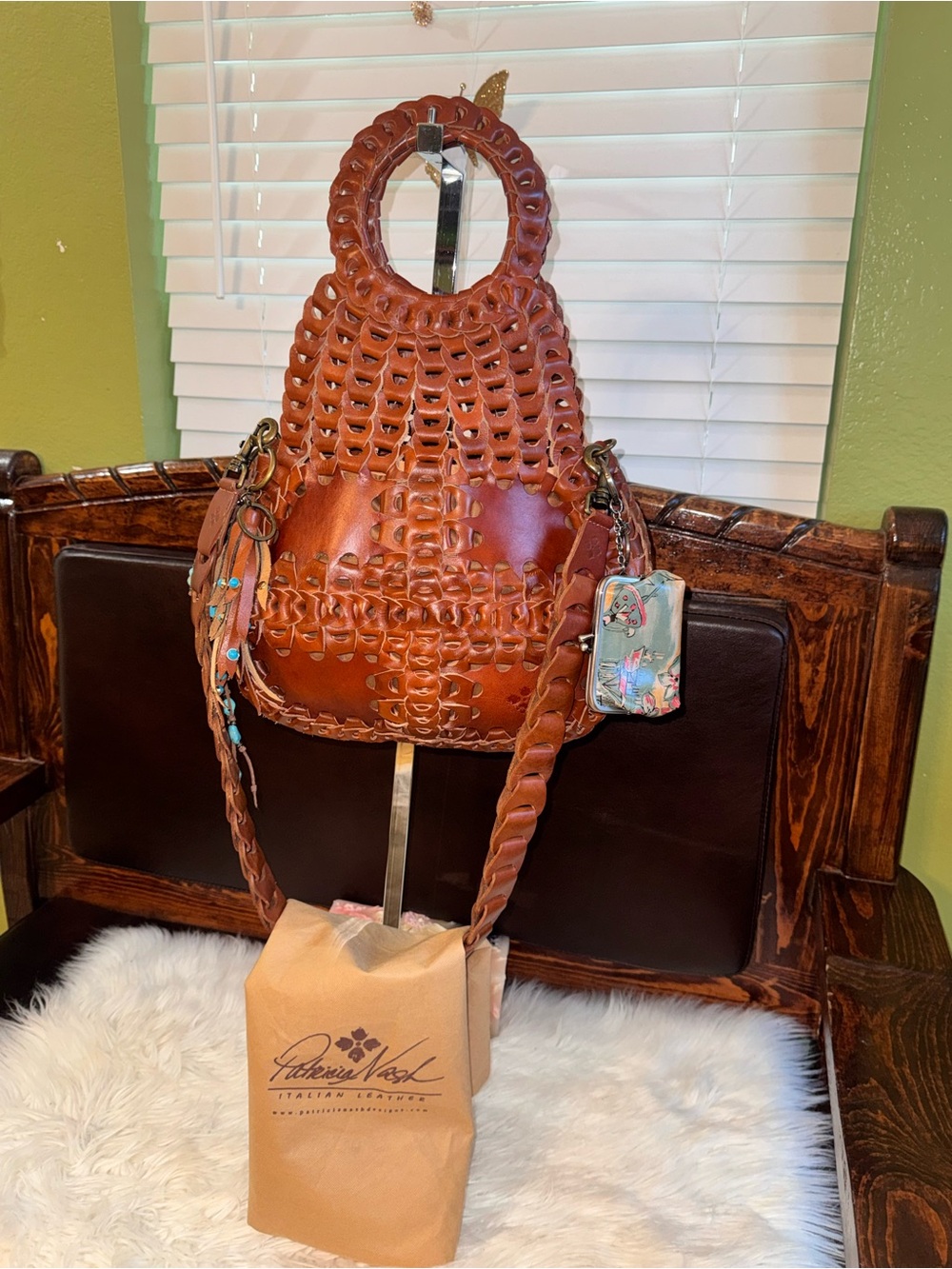 Patricia Nash Braided Tan Leather Shoulder Bag with Brass Hardware